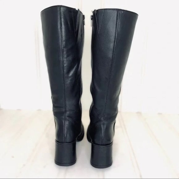 VINTAGE KNEE HIGH BLACK THICK LEATHER CHUNKY PLATFORM HEELS BOOTS SIDE ZIPPER - Picture 5 of 14